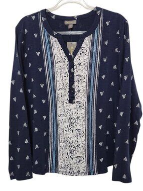 Style & Co Womens Top Blouse Size Large Blue Print Henley Long Sleeve V Neck
